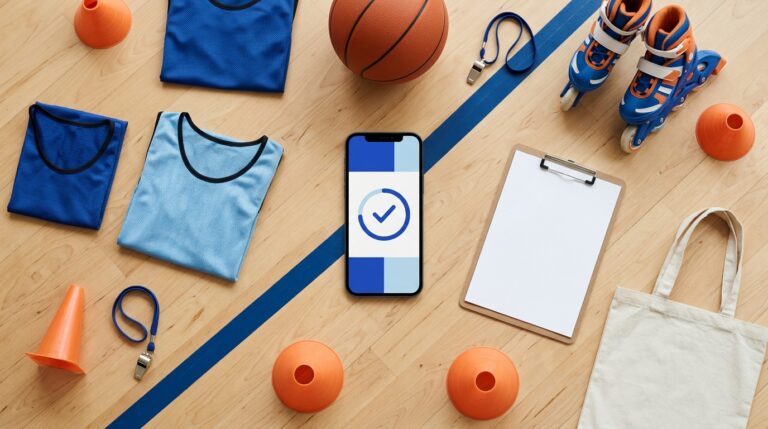 Vista cenital de material de actividades extraescolares —conos, petos, balón, silbato y patines— junto a un smartphone con la app de fichaje: control horario y registro de jornada para monitores de extraescolares
