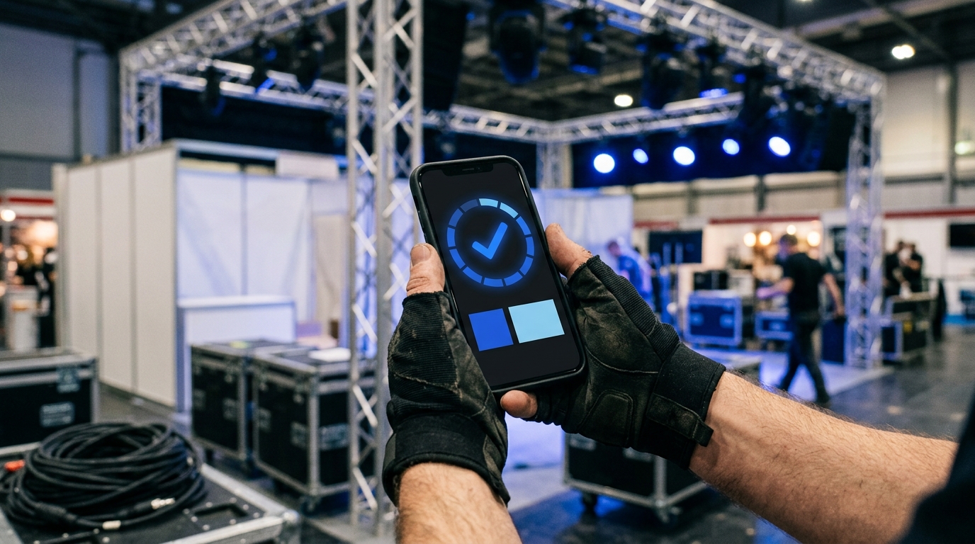 Manos con guantes de trabajo sujetando un smartphone con la app de fichaje durante el montaje de un stand, con estructura de truss e iluminación de escenario al fondo: control horario para empresas de montaje de eventos