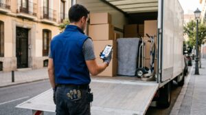 Mozo de mudanzas con chaleco de trabajo fichando desde el móvil junto a la rampa de un camión cargado de cajas y mantas de embalaje, en la calle de una ciudad: control horario para empresas de mudanzas
