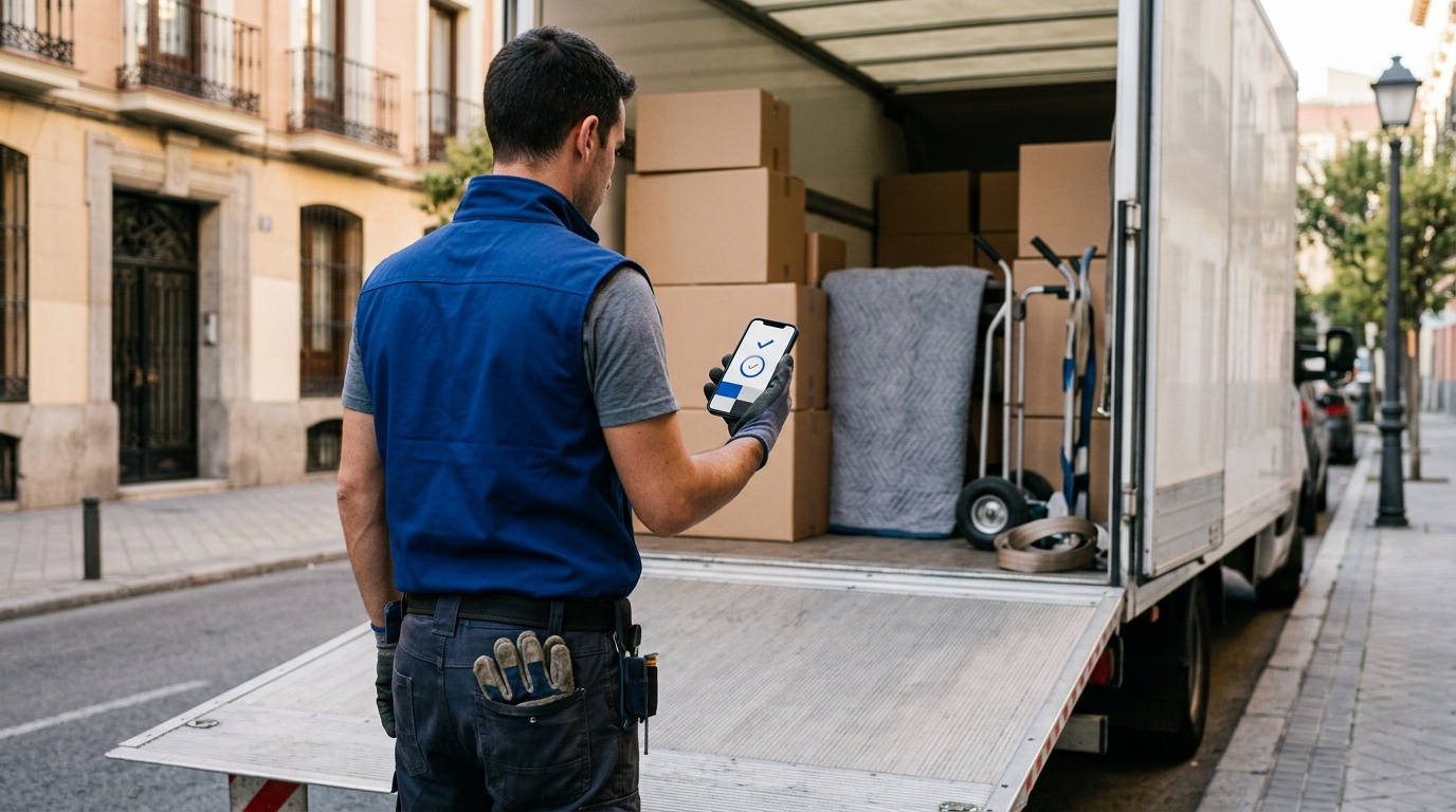 Mozo de mudanzas con chaleco de trabajo fichando desde el móvil junto a la rampa de un camión cargado de cajas y mantas de embalaje, en la calle de una ciudad: control horario para empresas de mudanzas