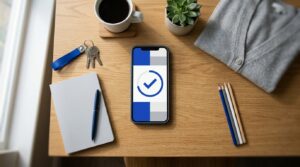 Mesa de la sala de educadores de un recurso social vista desde arriba, con un smartphone con la app de fichaje, un llavero, un cuaderno y una taza: control horario para educadores sociales