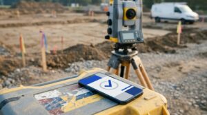 Smartphone con la app de fichaje en primer plano junto a una estación total sobre trípode en una obra al amanecer: control horario para empresas de topografía y geotecnia