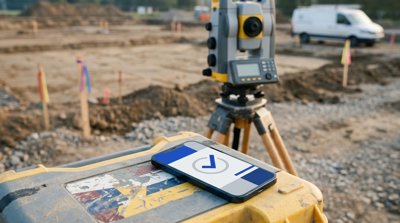 Smartphone con la app de fichaje en primer plano junto a una estación total sobre trípode en una obra al amanecer: control horario para empresas de topografía y geotecnia