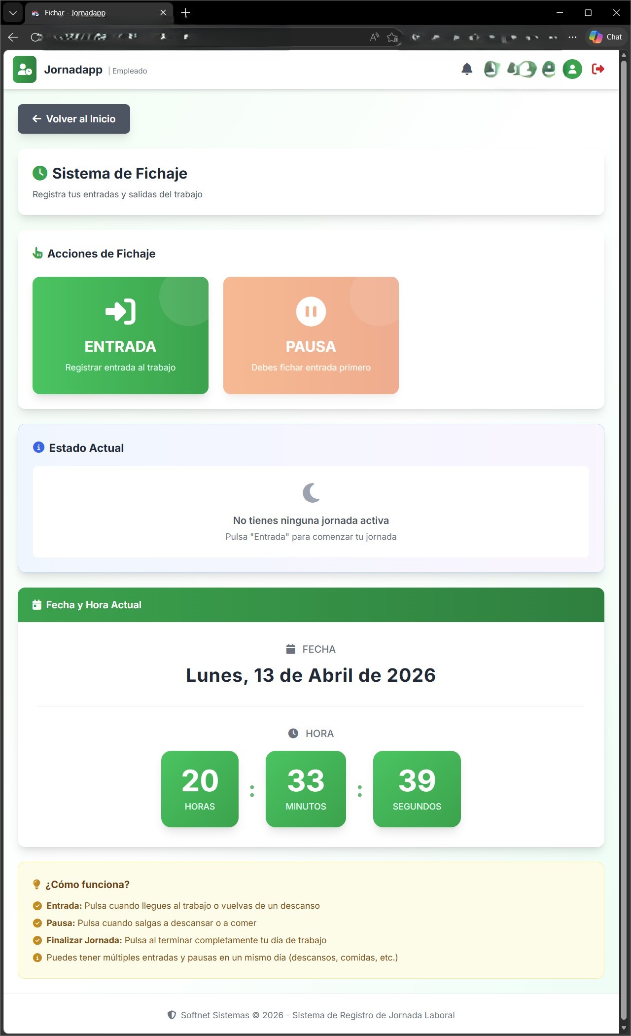 Pantalla de fichaje de entradas, salidas y descansos