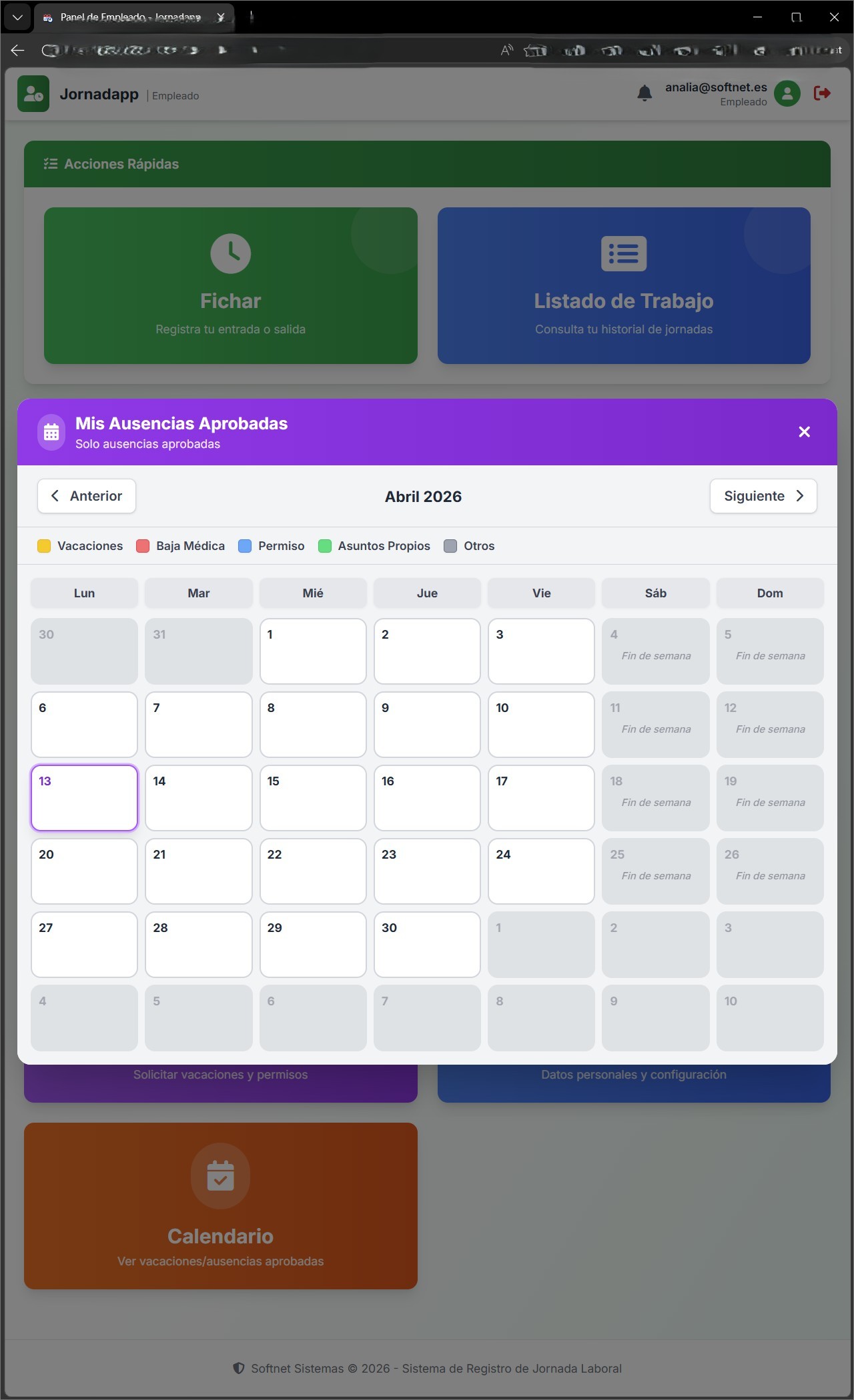 Calendario de ausencias aprobadas