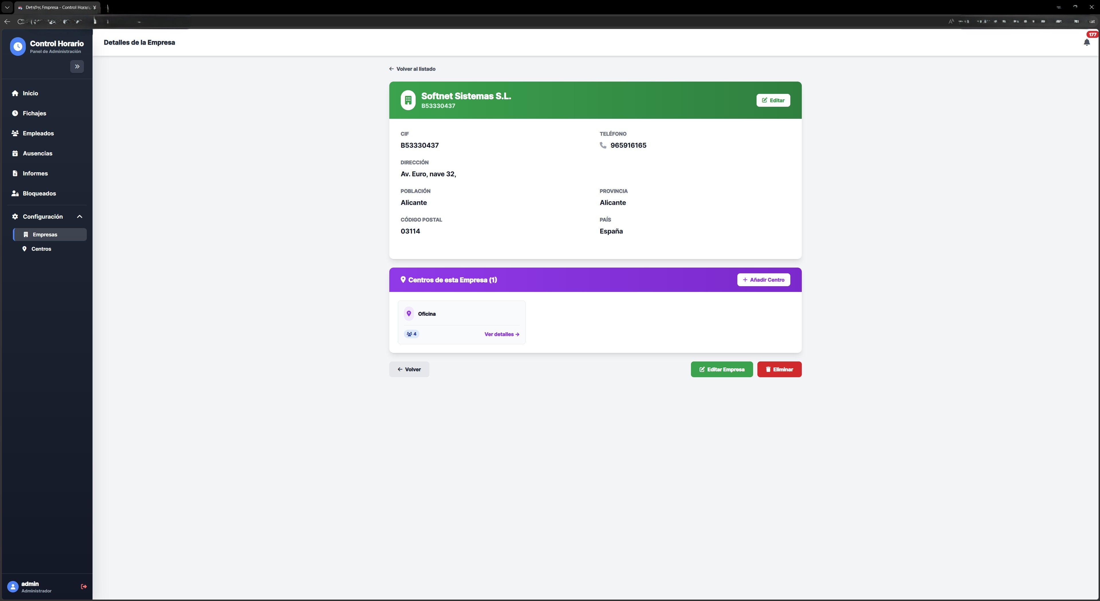 Panel de configuración de empresa, centros de trabajo y empleados